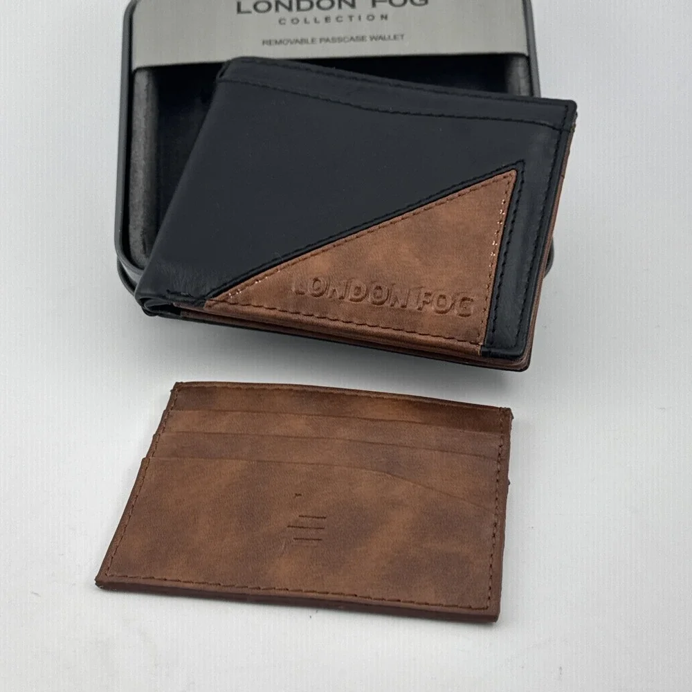 London Fog Mens Leather Bifold Passcase Wallet Brown Black RFID Blocking Tin